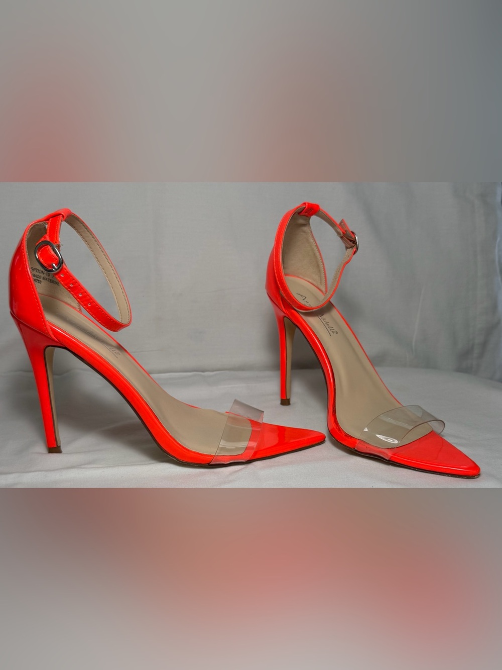 Women’s Neon Orange Ankle-Strap Clear Band High Heel Sandals - Picture 2 of 6